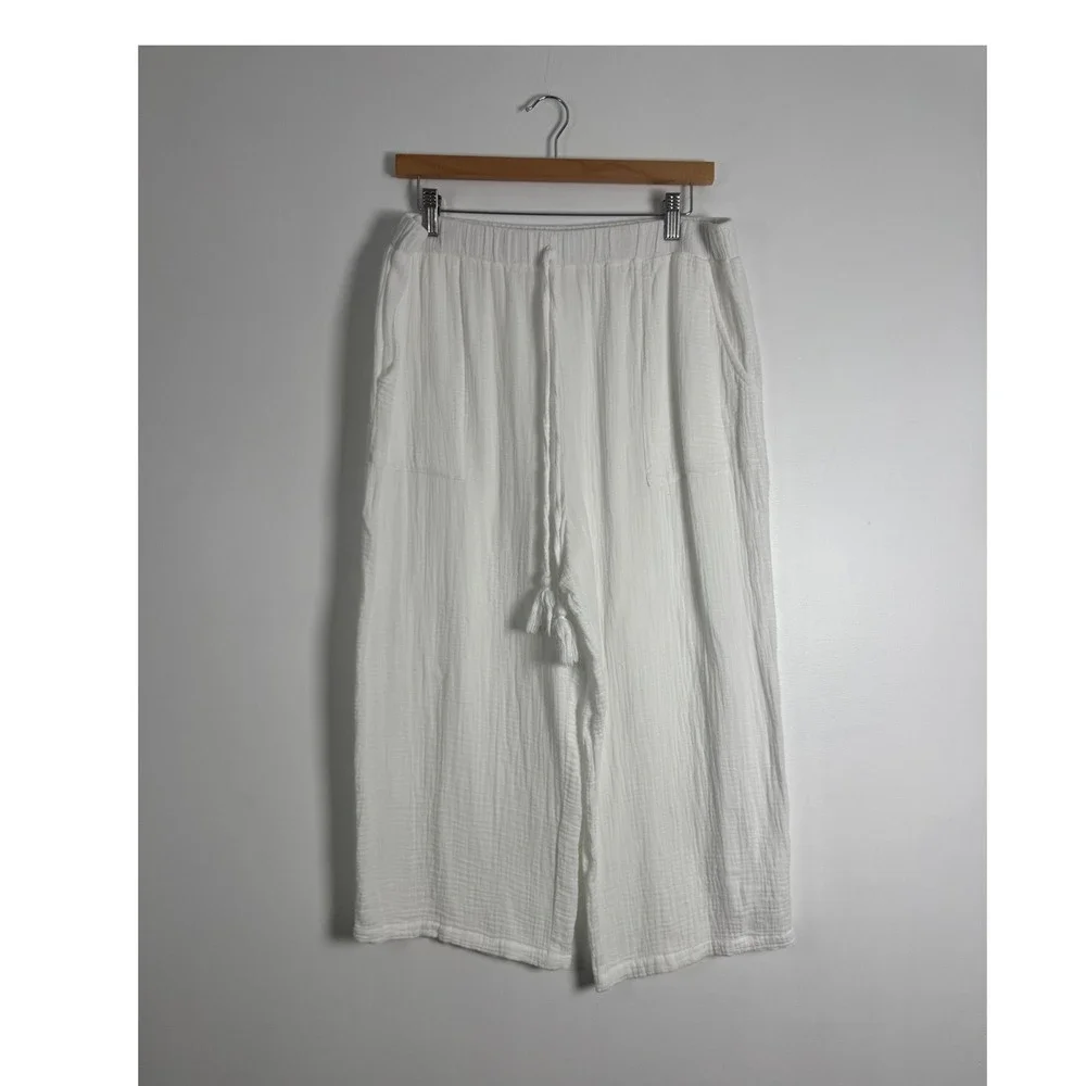 Boho Japna Womens Large Lounge Pants White Cotton Gauze Tassel Wide Leg Cropped